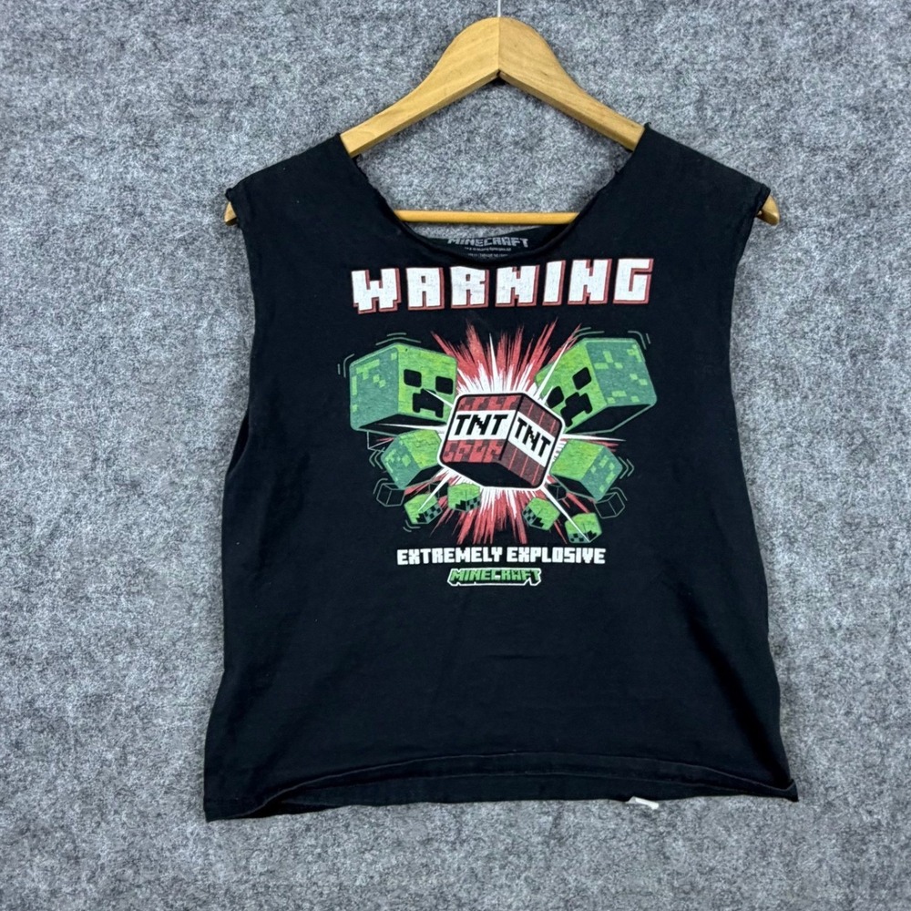 Minecraft Graphic Tank Top Womens Medium Black Raw Edge‎ Creeper TNT Explosive